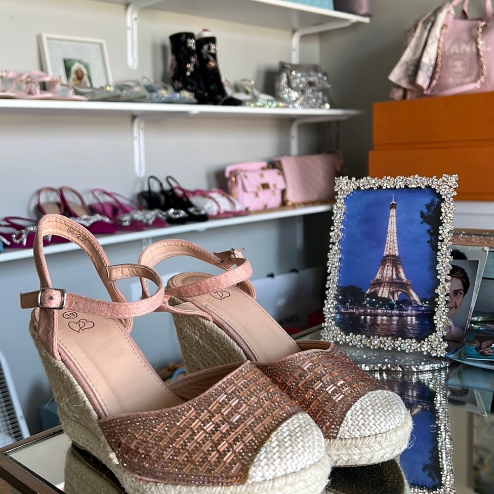 Lovely pink suede and pink crystal wedges bought in Paris.